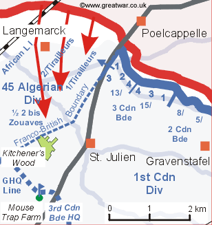 1st Company 13th Canadian Battalion moves across the Poelcappelle-St. Julien road.