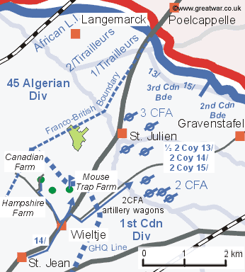 Map showing the area of the Canadian 1st Division and its two brigades and field artillery positions.