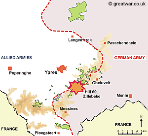 Map of the Ypres Salient showing the Front Line, early April 1915.