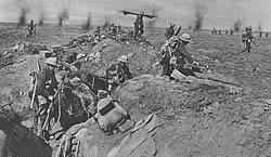 Second wave of British infantry leaving the front line 1st July 1916, Somme battlefield.