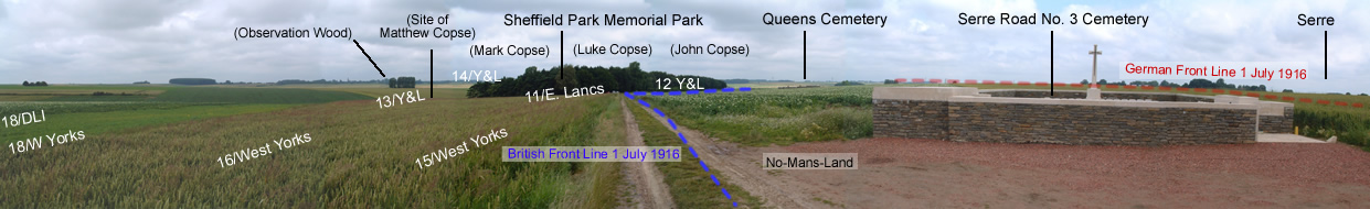 Panorama showing the location of Matthew, Mark, Luke and John copses.