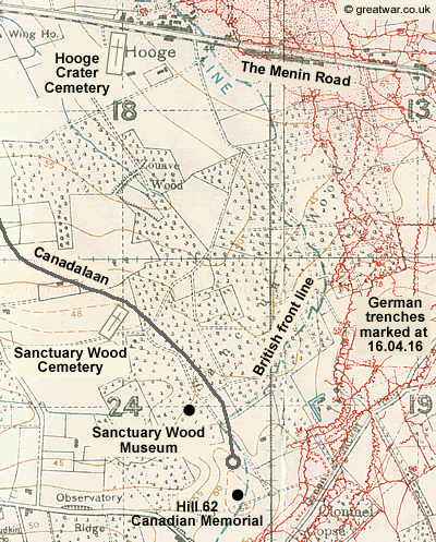 British Army trench map 28 N.W.4 (Edition 6A) with trenches corrected to 16-4-16, scale 1:10,000. This illustrates the location of the British front line in Sanctuary Wood in April 1916.