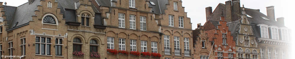 Gabled buildings on the south side of the market square of Ypres in Belgium.